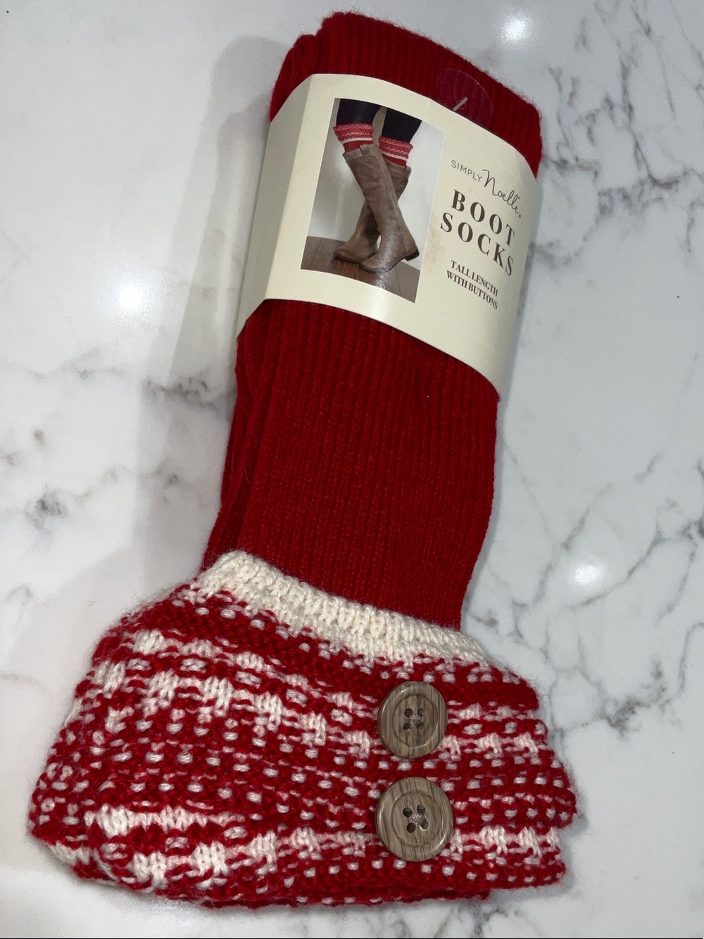 Simply Noelle Red & Cream Knit Boot Socks with Button Cuff Accent